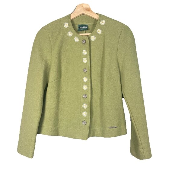 Geiger Wool 2 Piece Green Embroidered Floral Vintage Skirt Jacket Set Size 34 - Picture 2 of 16